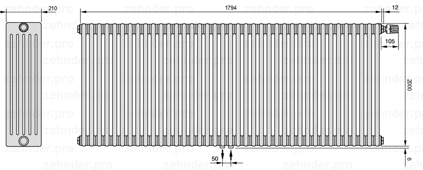 Схема (чертеж) Радиатор Zehnder Charleston 6200/39 №V008 Белый глянцевый RAL 9016
